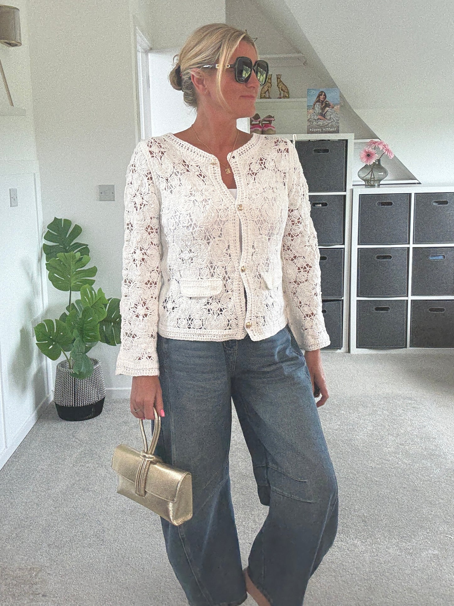 White Crochet Cardigan with Gold Buttons