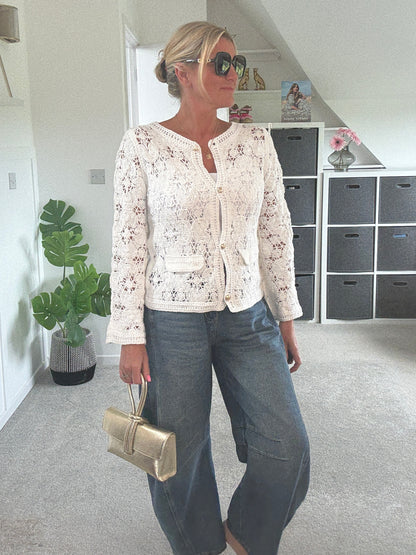 White Crochet Cardigan with Gold Buttons