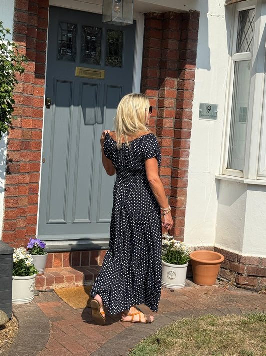 Navy Polka Dot Bardot Maxi Dress - Pre Order