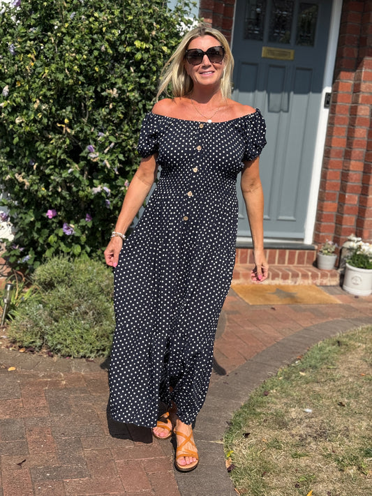 Navy Polka Dot Bardot Maxi Dress - Pre Order