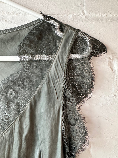 Khaki Satin/Lace V Neck Top