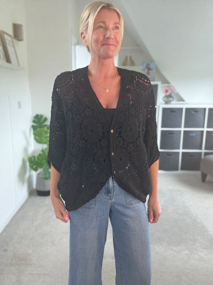 Black Crochet Batwing Cardigan