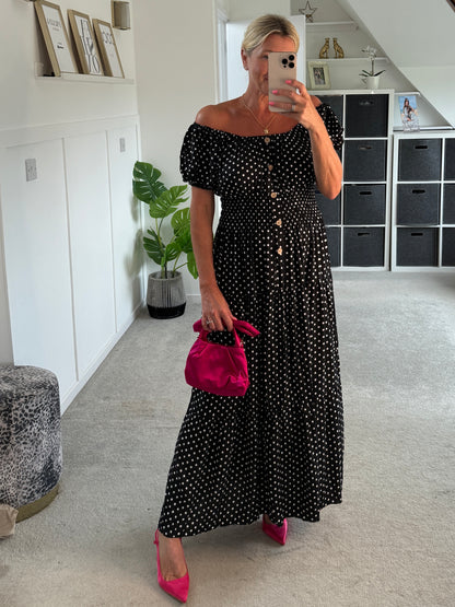 Black Polka Dot Bardot Maxi Dress - PRE ORDER