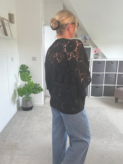 Black Crochet Batwing Cardigan