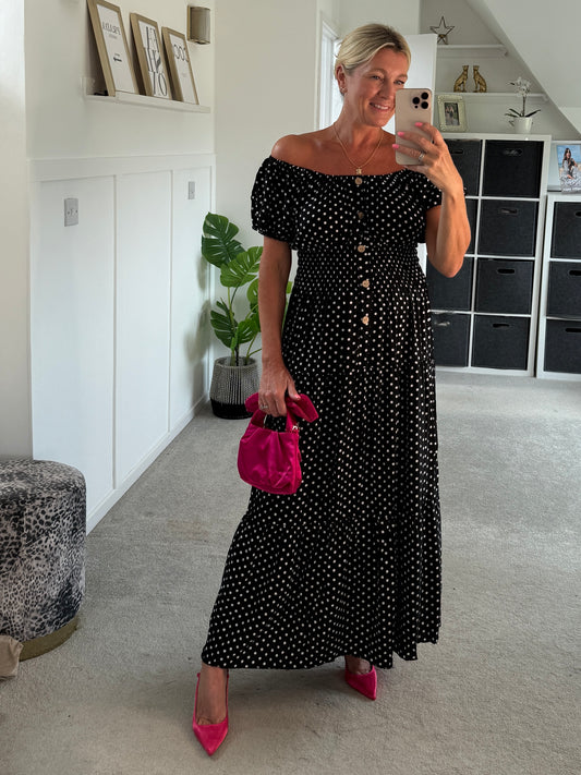 Black Polka Dot Bardot Maxi Dress - PRE ORDER