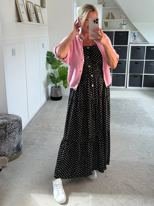 Black Polka Dot Bardot Maxi Dress - PRE ORDER