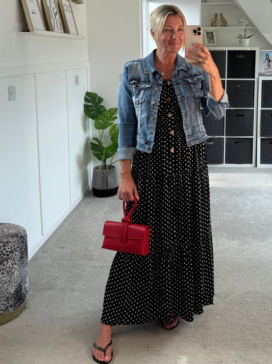 Black Polka Dot Bardot Maxi Dress