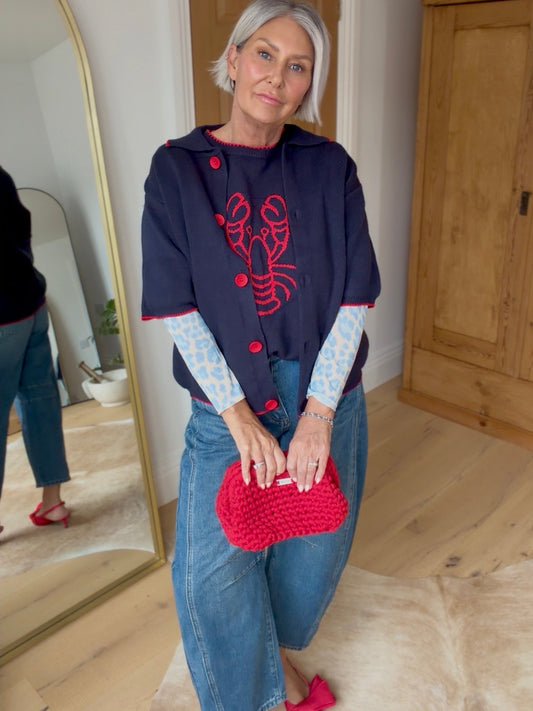 Navy/Red Contrast Button S/S Cardigan