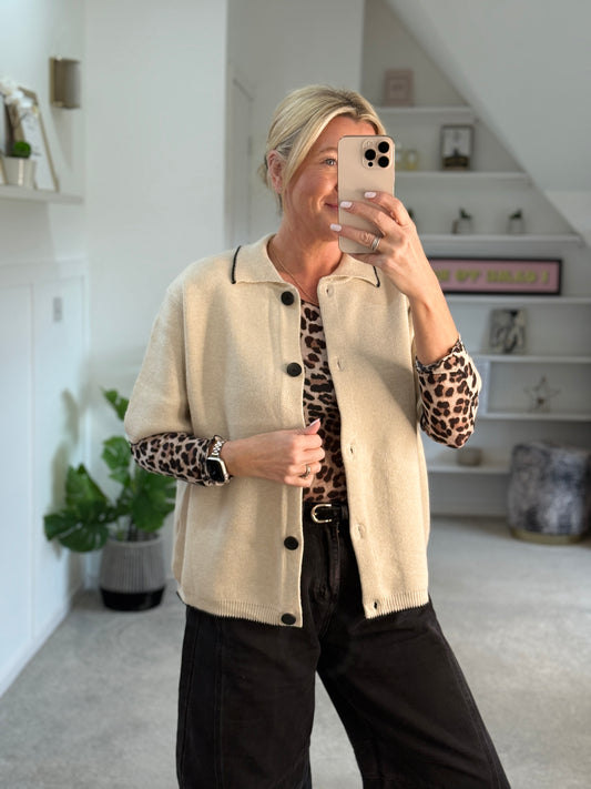 Beige/Black Contrast Button S/S Cardigan