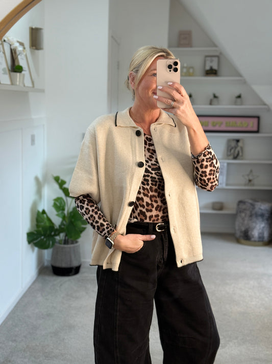 Beige/Black Contrast Button S/S Cardigan