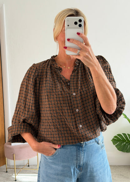 Mocha/Tan Heritage Check Frill Collar Blouse