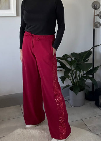 Berry Luxe Sequin Stripe Wide Leg Trousers