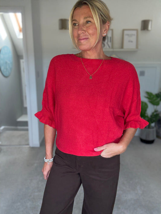 Red Frill Sleeve Batwing Jumper