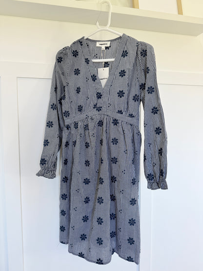 Navy Check Floral Embroidered Dress