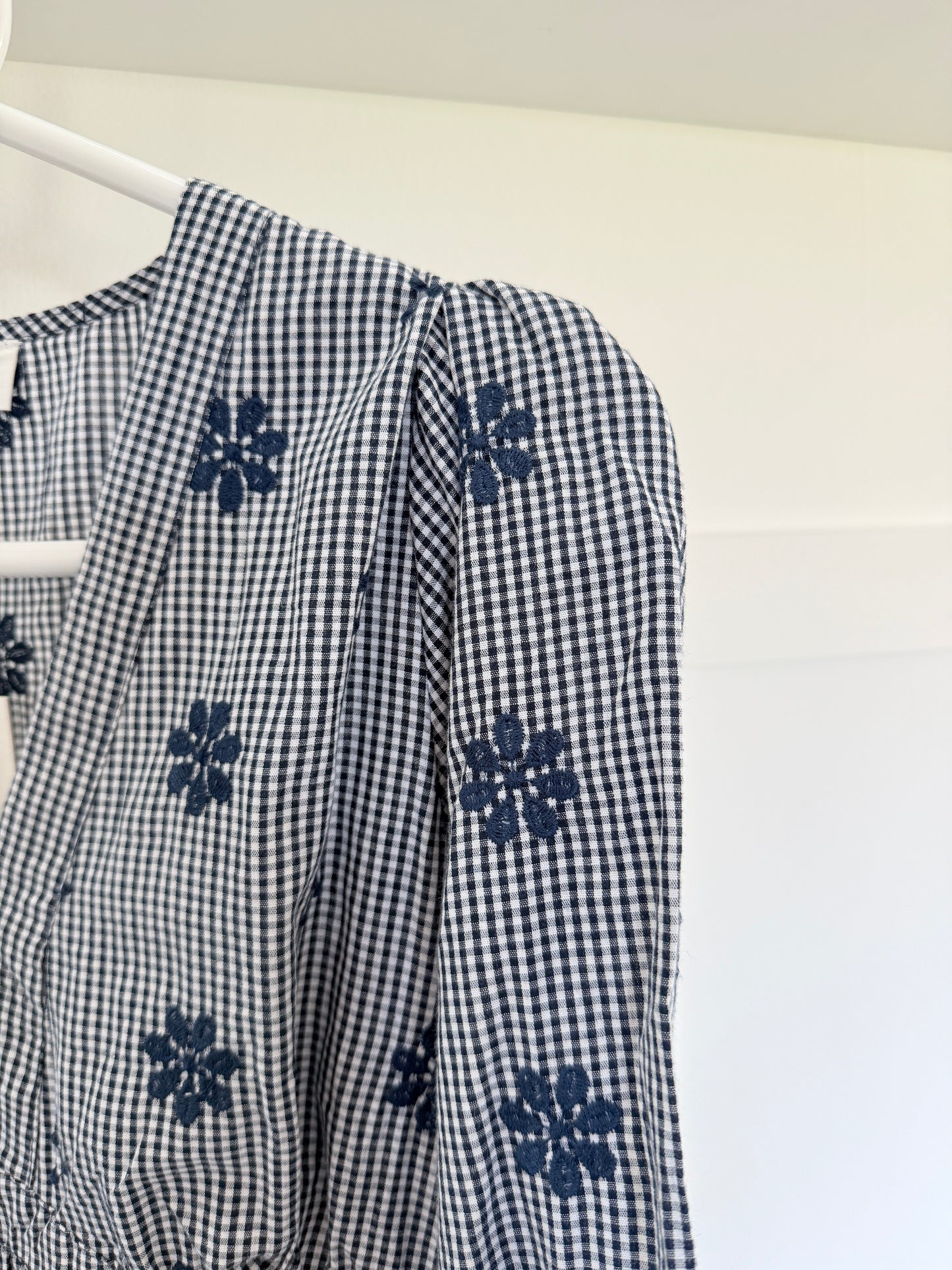 Navy Check Floral Embroidered Dress