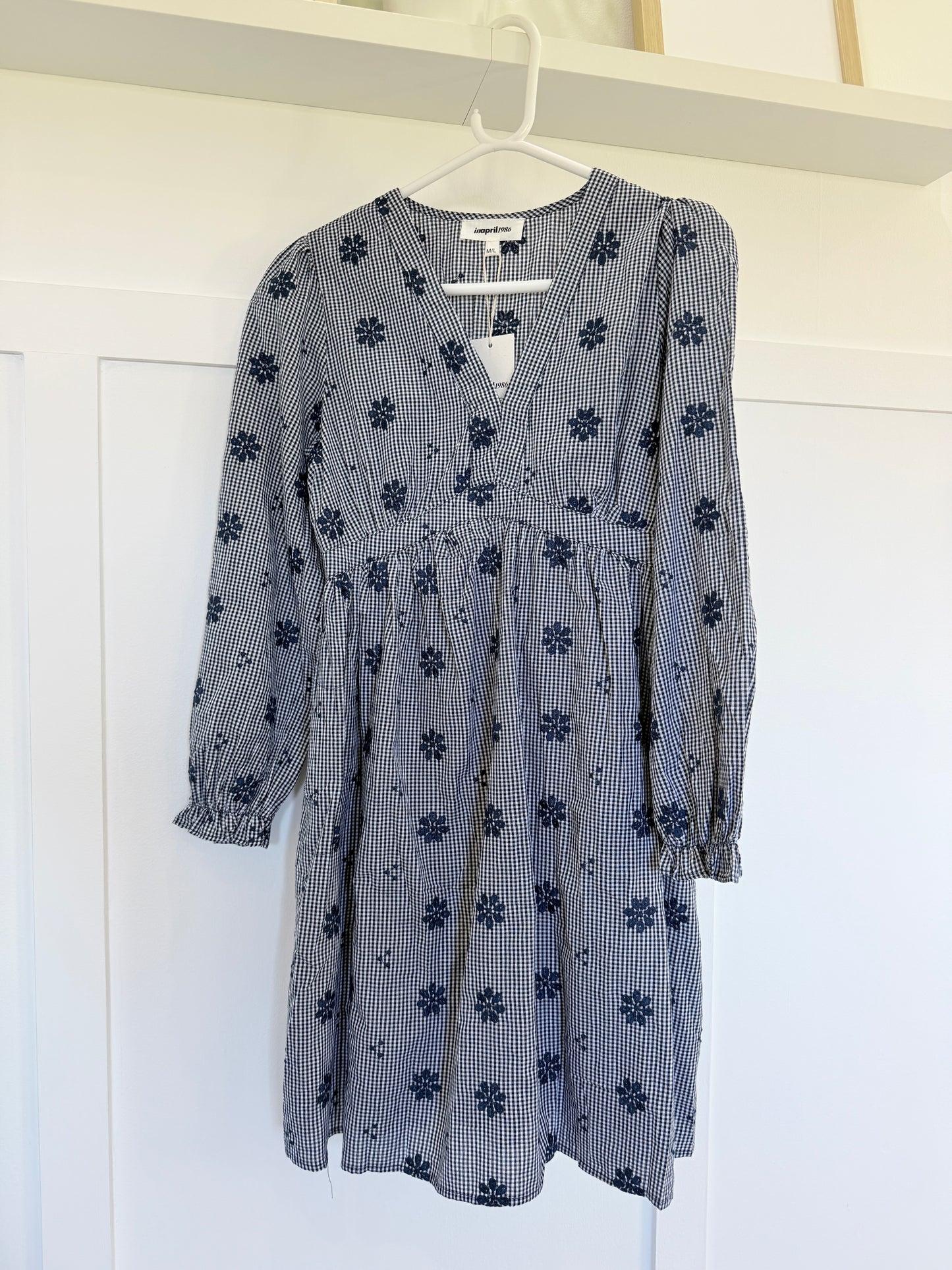 Navy Check Floral Embroidered Dress
