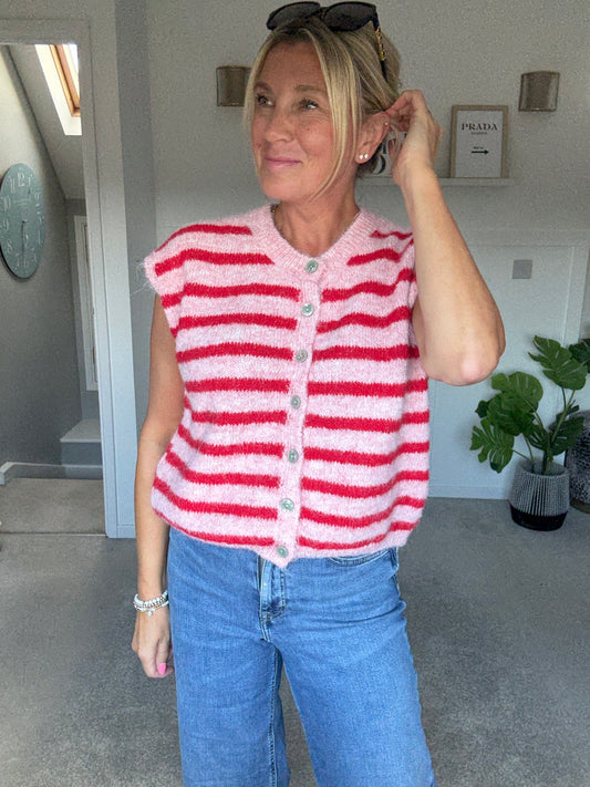 Pink/Red Stripe Sleeveless Cardigan