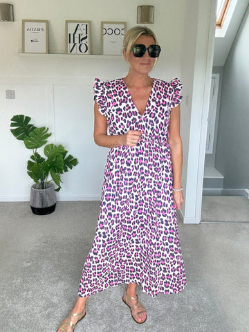 Navy/Neon Pink Leopard Frill Sleeve V Neck Dress