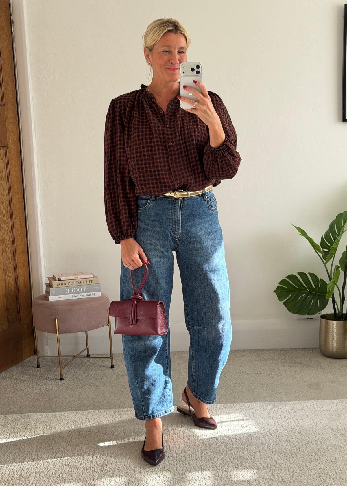 Burgundy Heritage Check Frill Collar Blouse