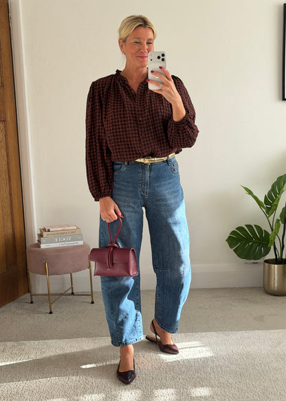 Burgundy Heritage Check Frill Collar Blouse