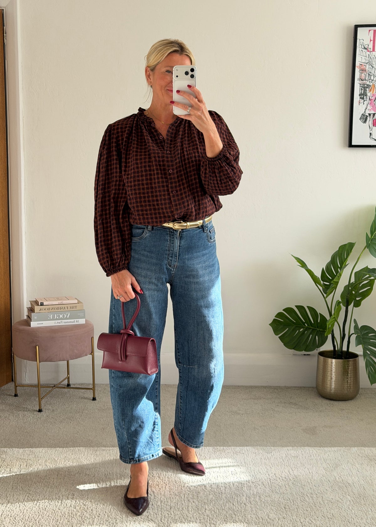 Burgundy Heritage Check Frill Collar Blouse