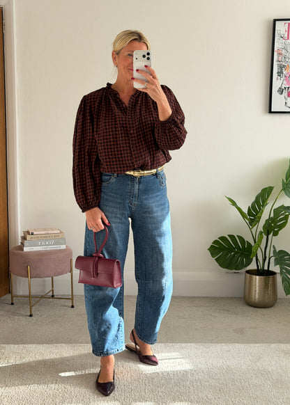 Burgundy Heritage Check Frill Collar Blouse