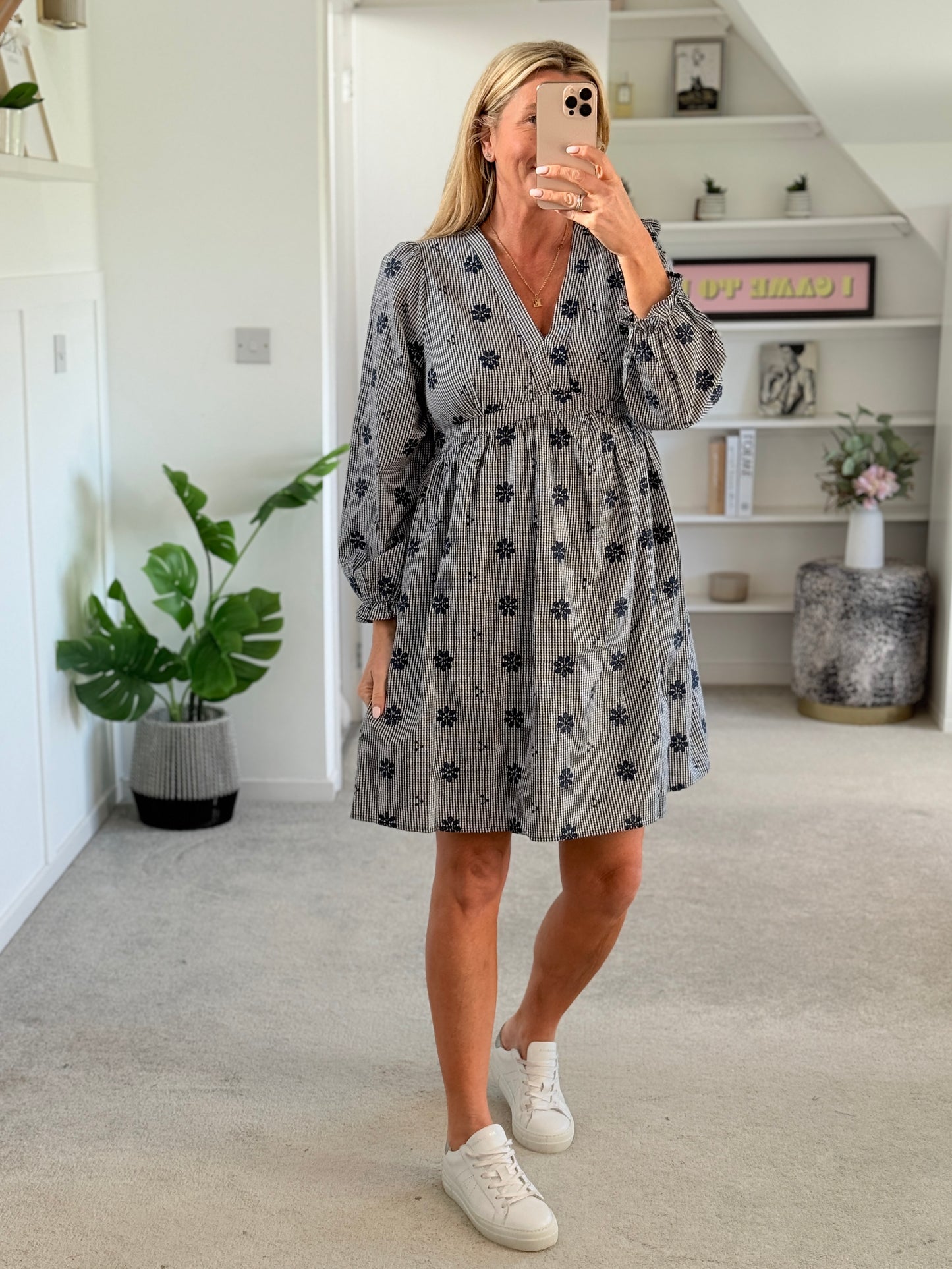 Navy Check Floral Embroidered Dress