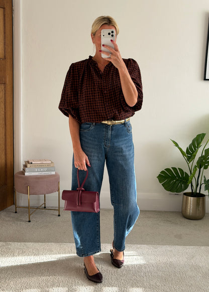 Burgundy Heritage Check Frill Collar Blouse