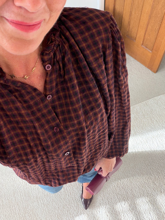 Burgundy Heritage Check Frill Collar Blouse