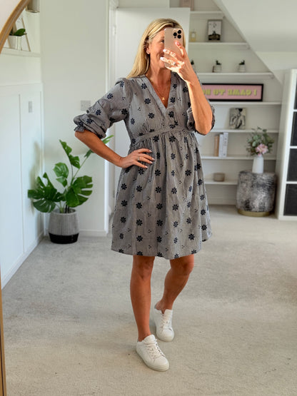 Navy Check Floral Embroidered Dress