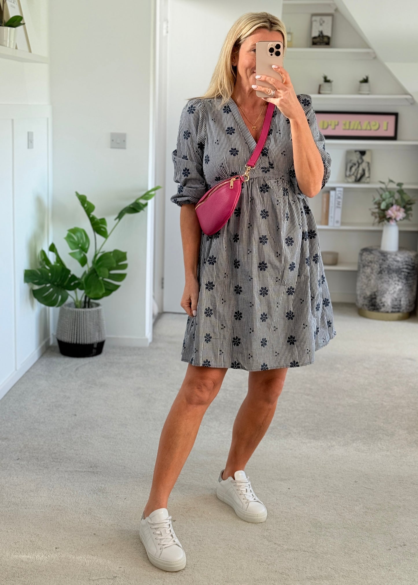 Navy Check Floral Embroidered Dress