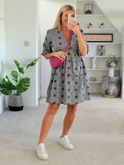 Navy Check Floral Embroidered Dress