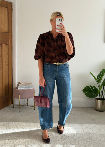 Burgundy Heritage Check Frill Collar Blouse