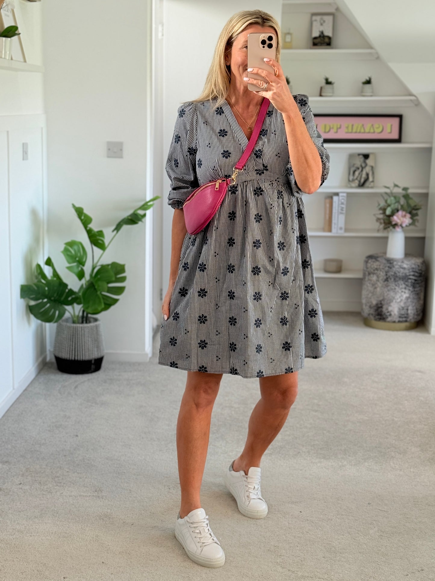 Navy Check Floral Embroidered Dress