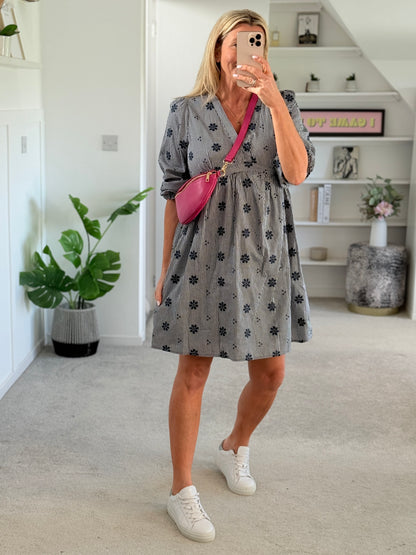 Navy Check Floral Embroidered Dress