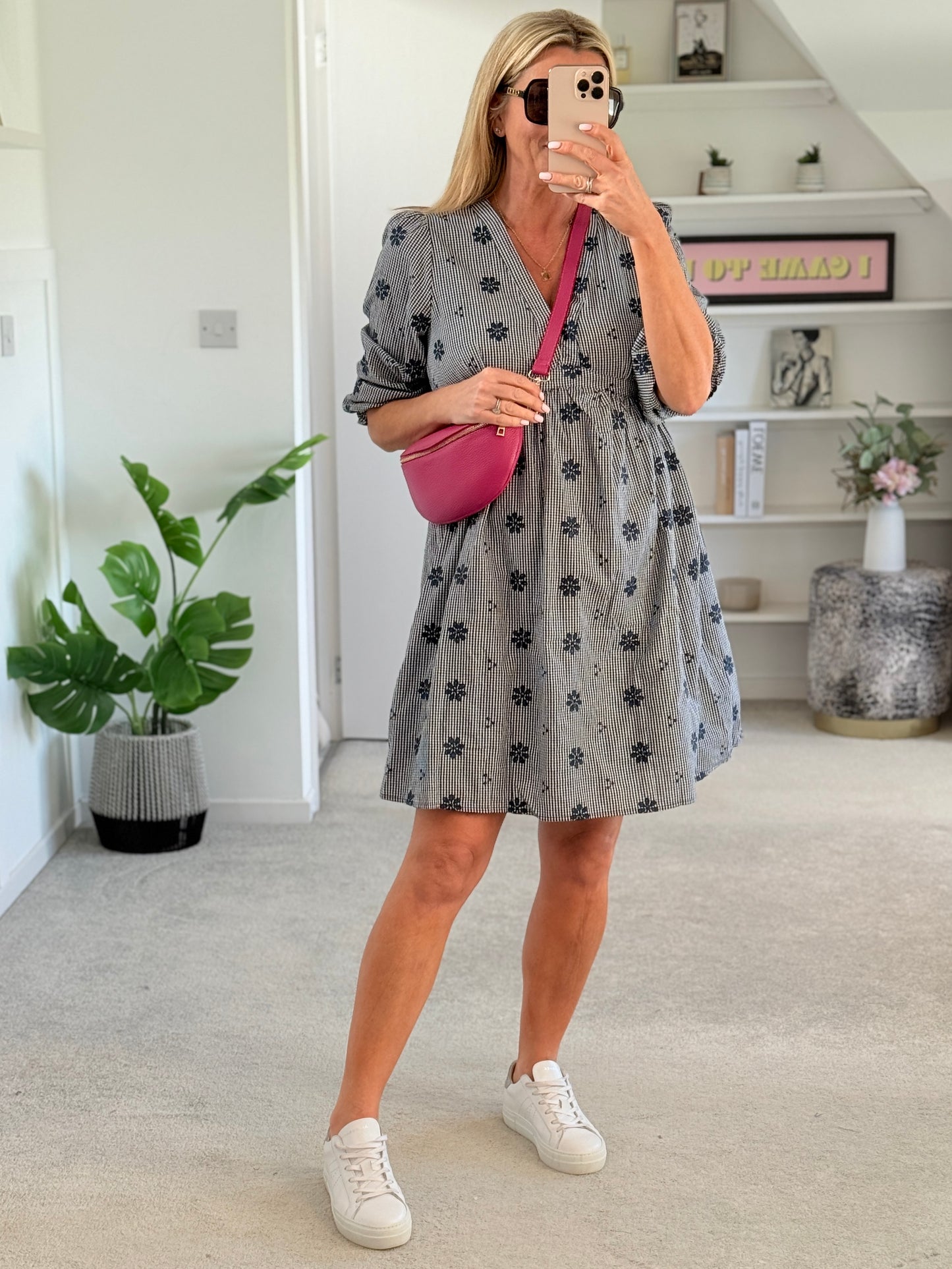 Navy Check Floral Embroidered Dress