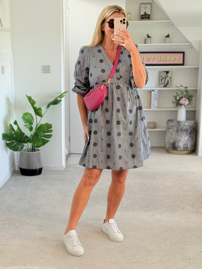 Navy Check Floral Embroidered Dress