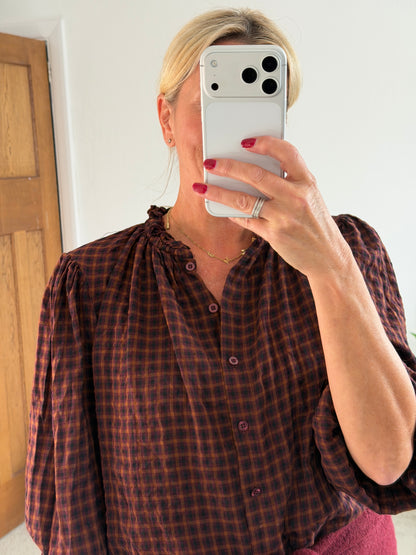 Burgundy Heritage Check Frill Collar Blouse