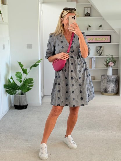 Navy Check Floral Embroidered Dress