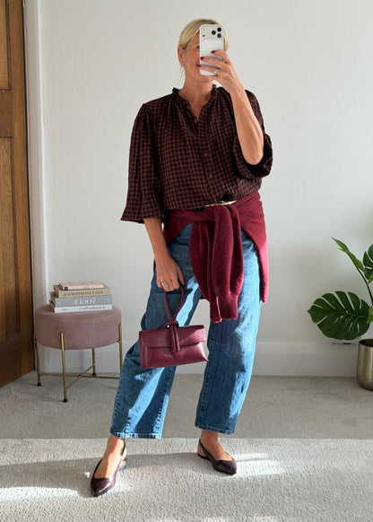 Burgundy Heritage Check Frill Collar Blouse