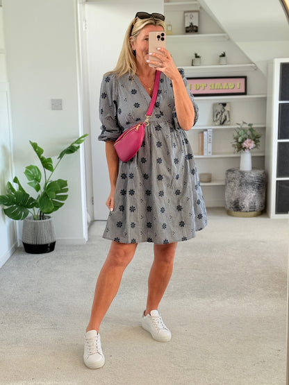 Navy Check Floral Embroidered Dress