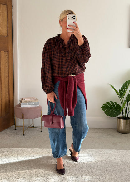 Burgundy Heritage Check Frill Collar Blouse