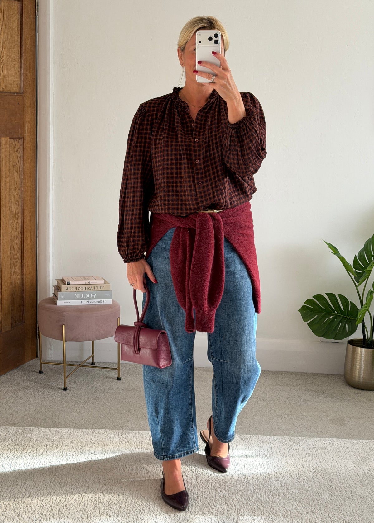 Burgundy Heritage Check Frill Collar Blouse
