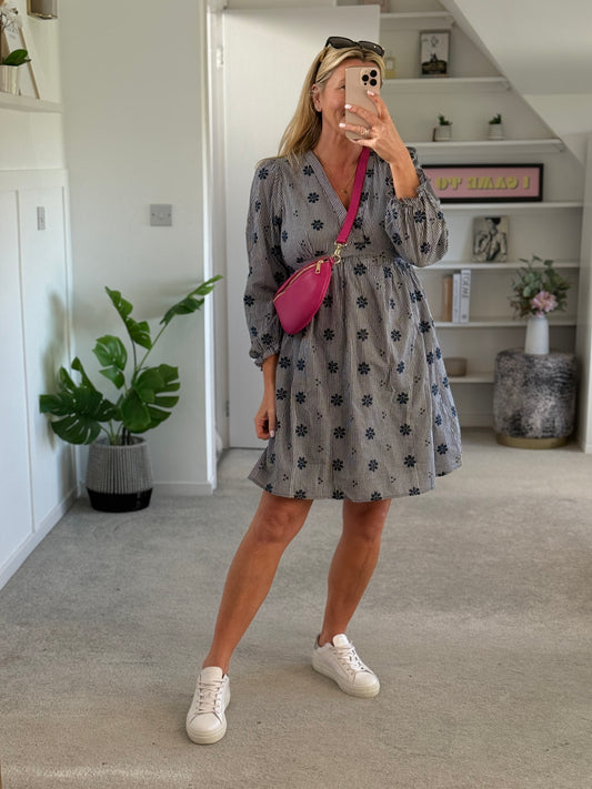 Navy Check Floral Embroidered Dress