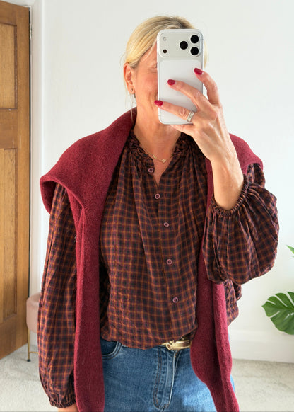 Burgundy Heritage Check Frill Collar Blouse