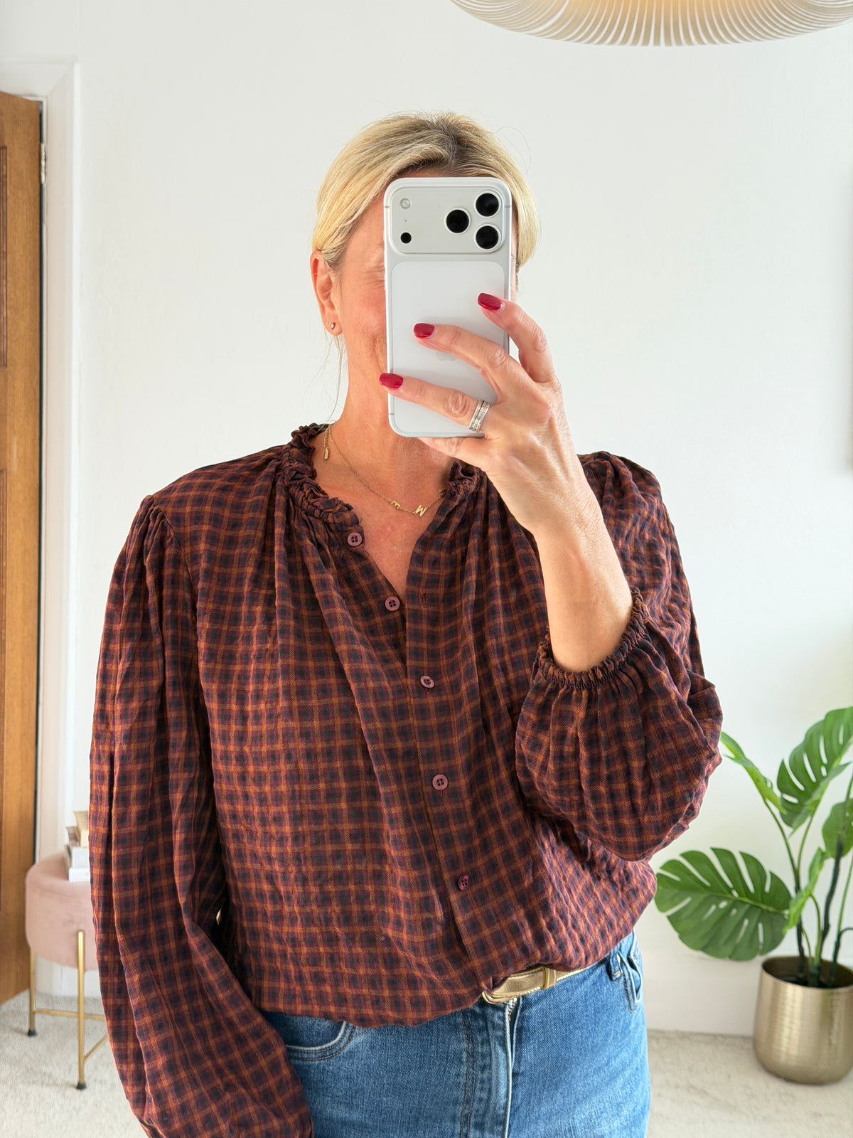 Burgundy Heritage Check Frill Collar Blouse