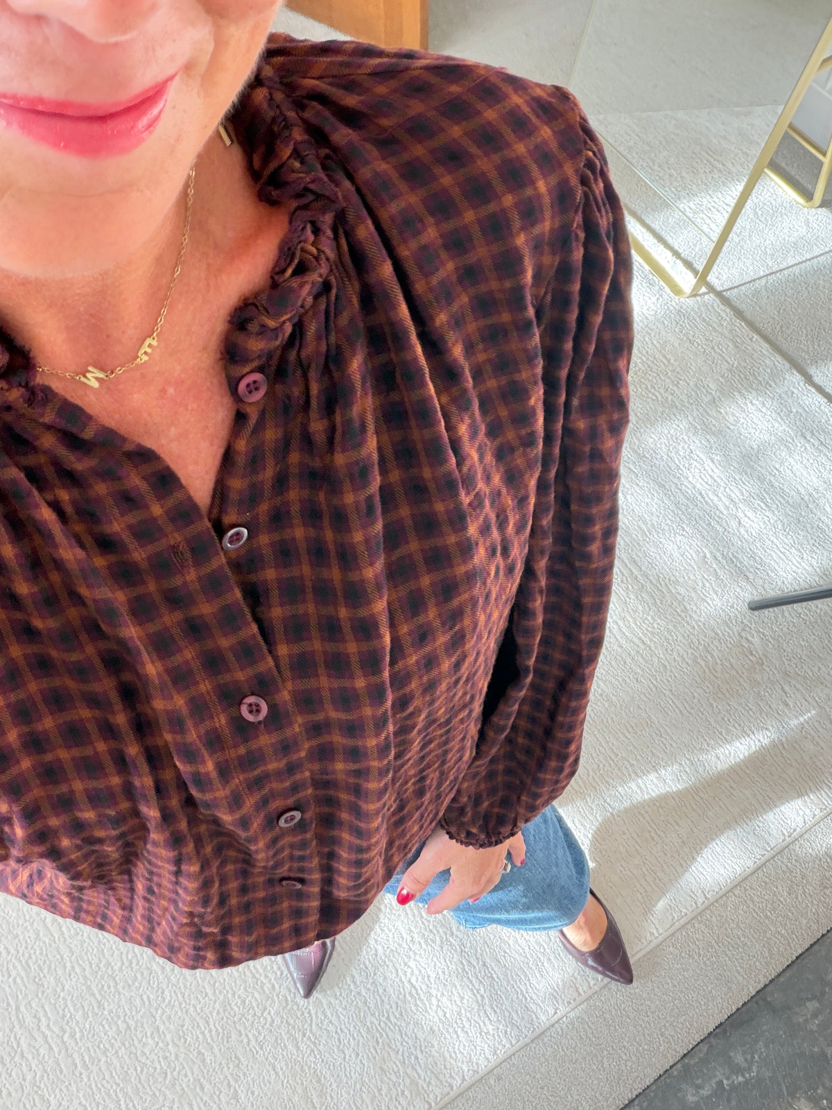 Burgundy Heritage Check Frill Collar Blouse