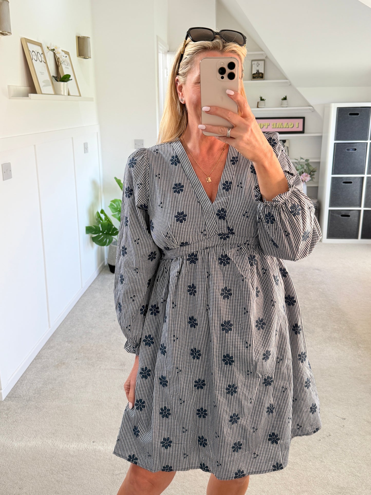 Navy Check Floral Embroidered Dress