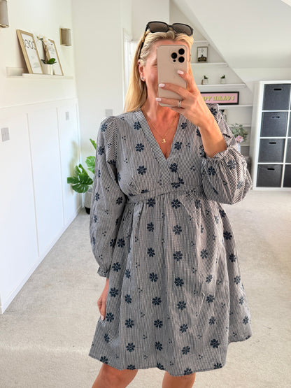 Navy Check Floral Embroidered Dress