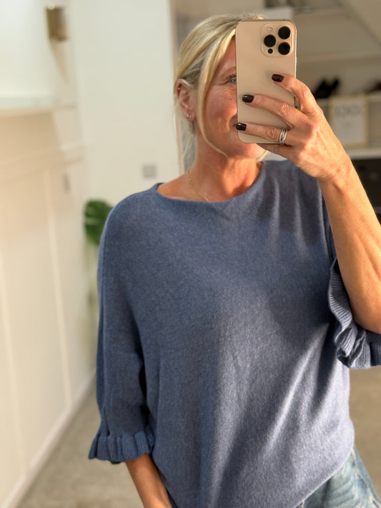 AirForce Blue Frill Sleeve Batwing Jumper
